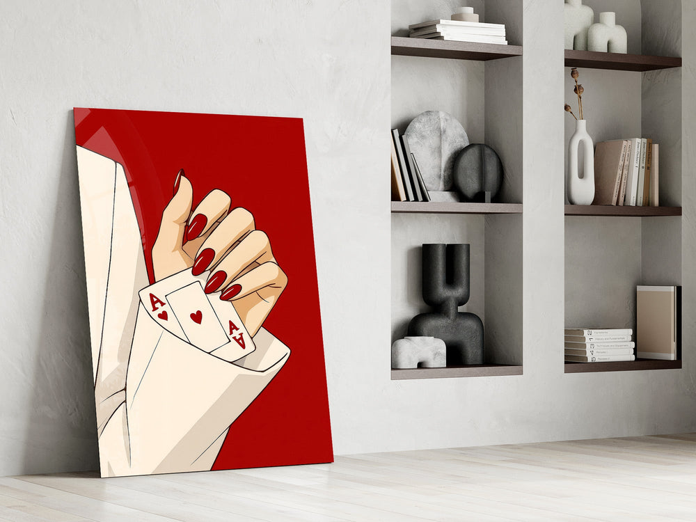 Aces Up the Sleeve Red Pop Art Glass Wall Art