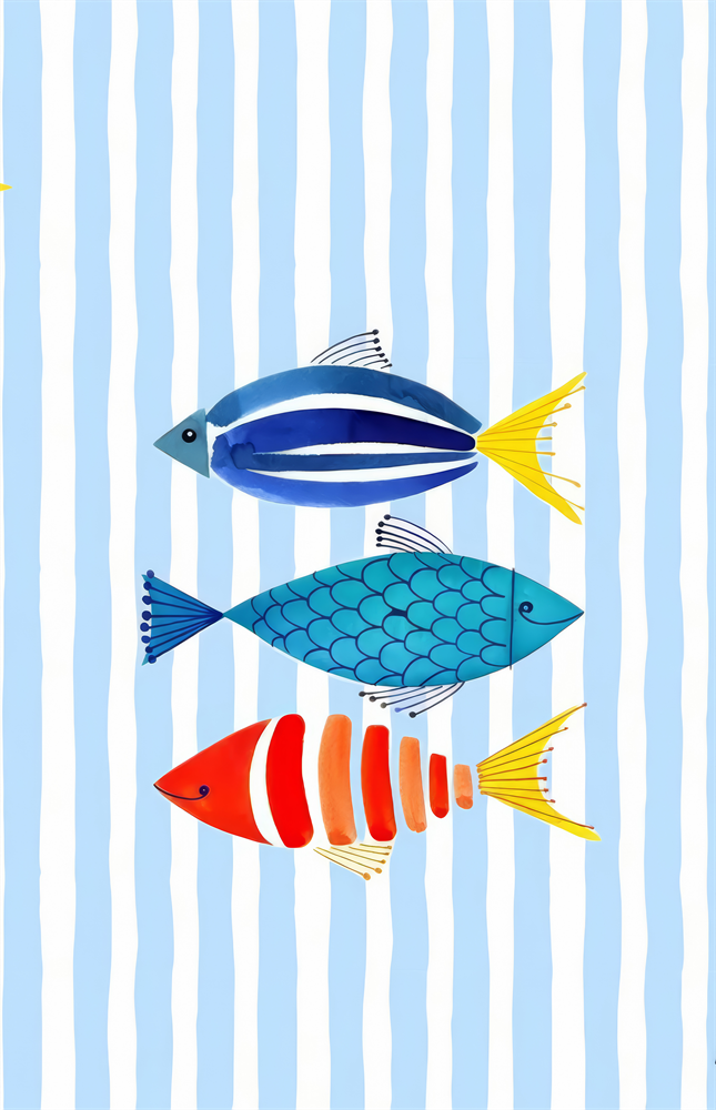 Three Striped Fish on Blue Stripes Coastal Glass Wall Art