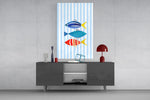 Three Striped Fish on Blue Stripes Coastal Glass Wall Art