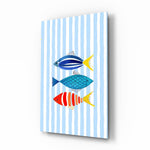 Three Striped Fish on Blue Stripes Coastal Glass Wall Art