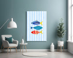 Three Striped Fish on Blue Stripes Coastal Glass Wall Art