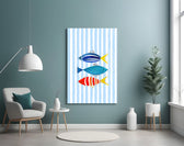 Three Striped Fish on Blue Stripes Coastal Glass Wall Art