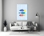 Three Striped Fish on Blue Stripes Coastal Glass Wall Art
