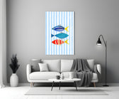 Three Striped Fish on Blue Stripes Coastal Glass Wall Art