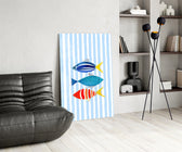 Three Striped Fish on Blue Stripes Coastal Glass Wall Art