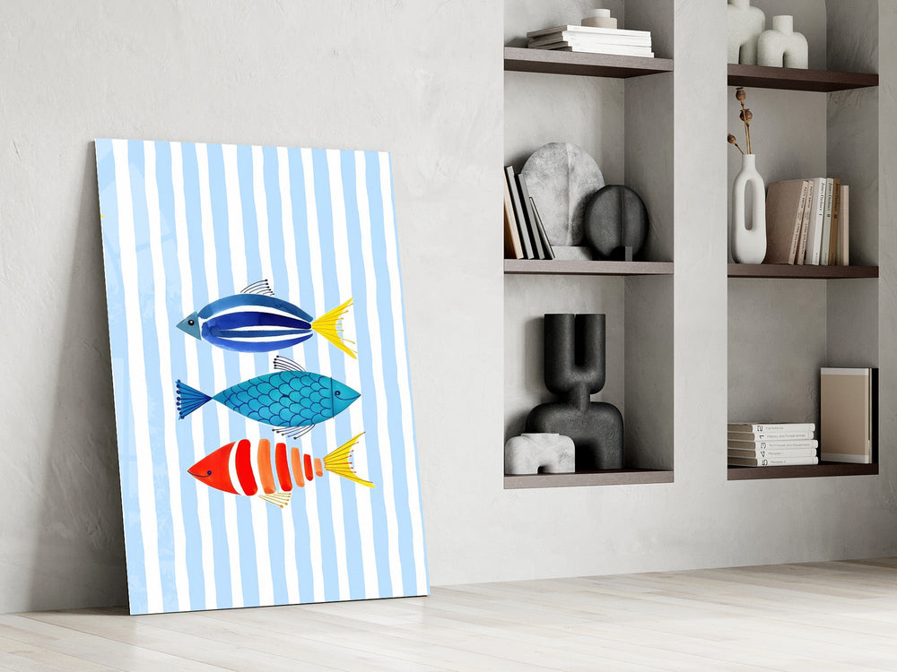Three Striped Fish on Blue Stripes Coastal Glass Wall Art