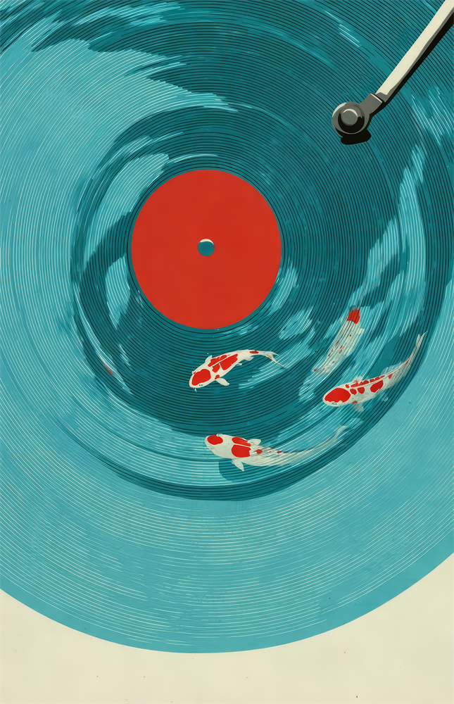 Vinyl Record Koi Pond Surreal Glass Wall Art