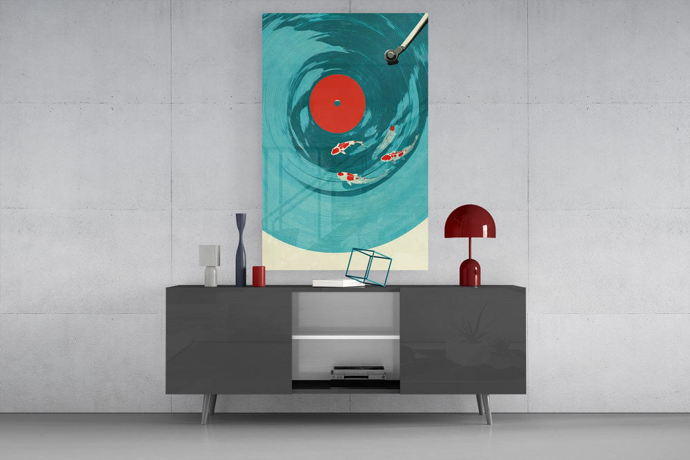 Vinyl Record Koi Pond Surreal Glass Wall Art
