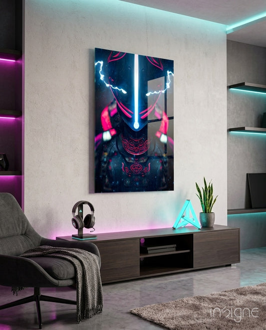 Thunder Fighter glass wall art displayed above a TV console in a moody gaming room with magenta and cyan LED strips
