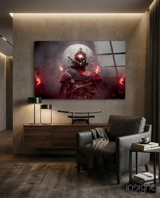Fire Fighter glass wall art displayed above a walnut sideboard in a moody lounge with leather armchair and matte-black floor lamp