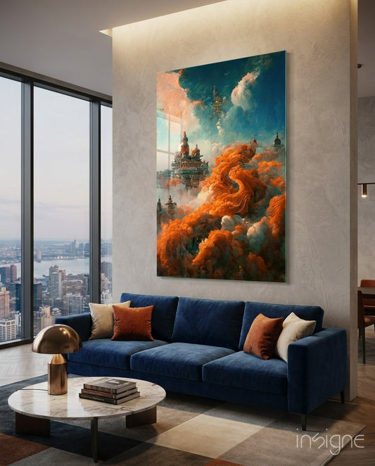 Dream Castle glass wall art displayed above a navy velvet sofa in a contemporary living room with marble coffee table and brass arc lamp