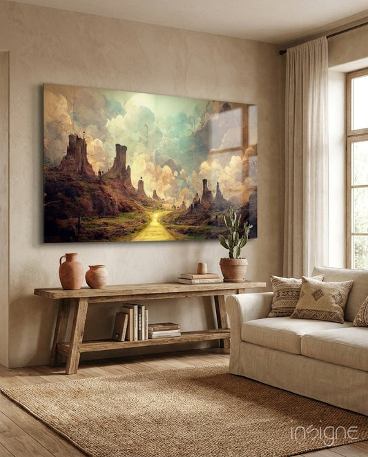 Road to the End glass wall art displayed above a reclaimed-wood console in a desert-toned living room with linen sofa and woven floor rug