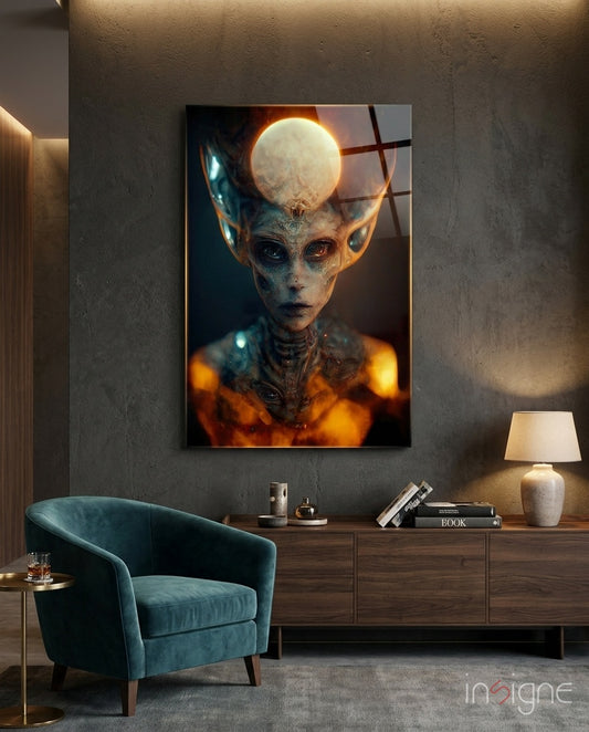 The Master glass wall art displayed above a walnut sideboard in a moody lounge with teal armchair and stoneware lamp