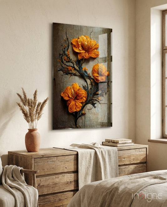 Timeless Flowers glass wall art displayed above a reclaimed-wood dresser in a warm bedroom with linen bedding and pampas vase