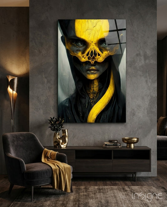 Aboriginal glass wall art displayed above a walnut TV console in a moody lounge with charcoal armchair and amber throw
