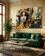 The Stance glass wall art displayed above an emerald velvet sofa in an ornate living room with gold candlesticks and patterned rug
