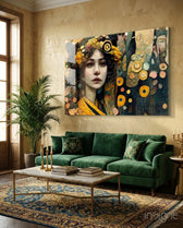 The Stance glass wall art displayed above an emerald velvet sofa in an ornate living room with gold candlesticks and patterned rug