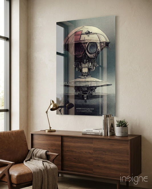 The Arrival glass wall art displayed above a walnut sideboard in a contemporary study with brushed-brass desk lamp and tan armchair