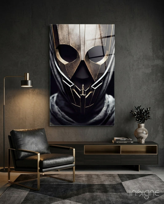 Peace Fighter glass wall art displayed above a walnut sideboard in a moody study with black leather armchair and brass floor lamp