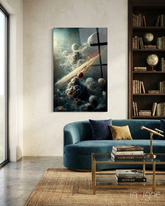 Small Bang glass wall art displayed above a teal velvet sofa in a contemporary library with brass coffee table and dark-wood bookshelves