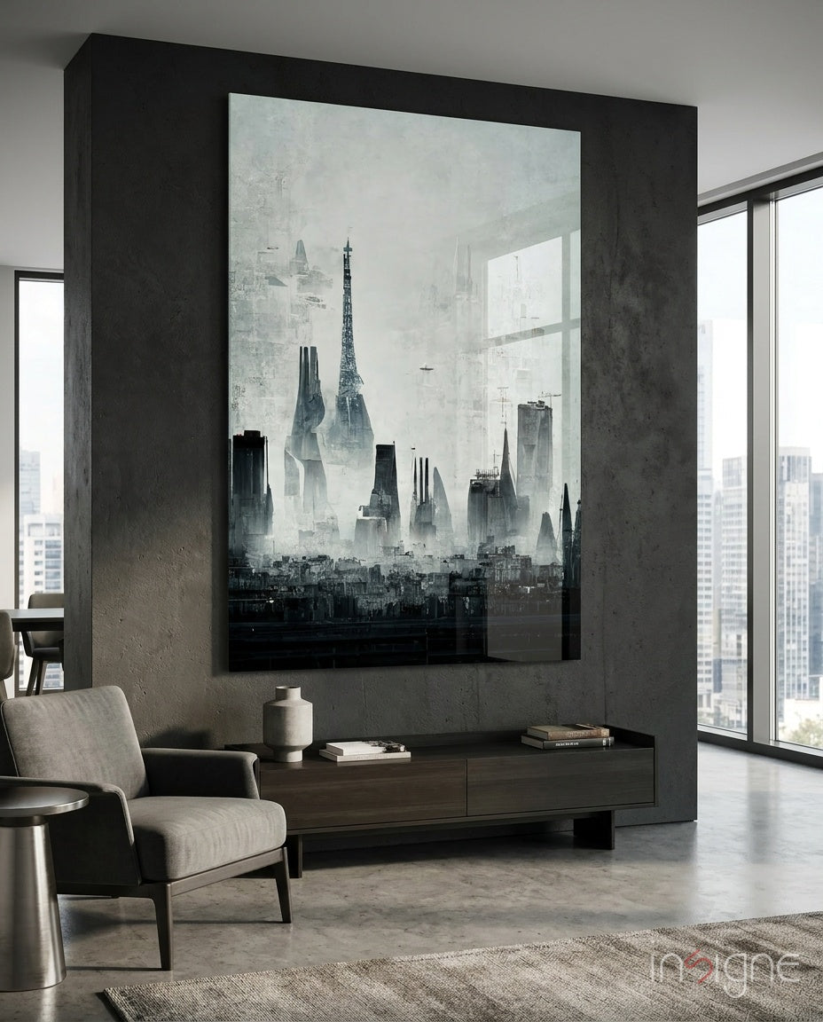 Old City Silhouette glass wall art displayed above a charcoal armchair in a contemporary lounge with concrete walls and stoneware vase