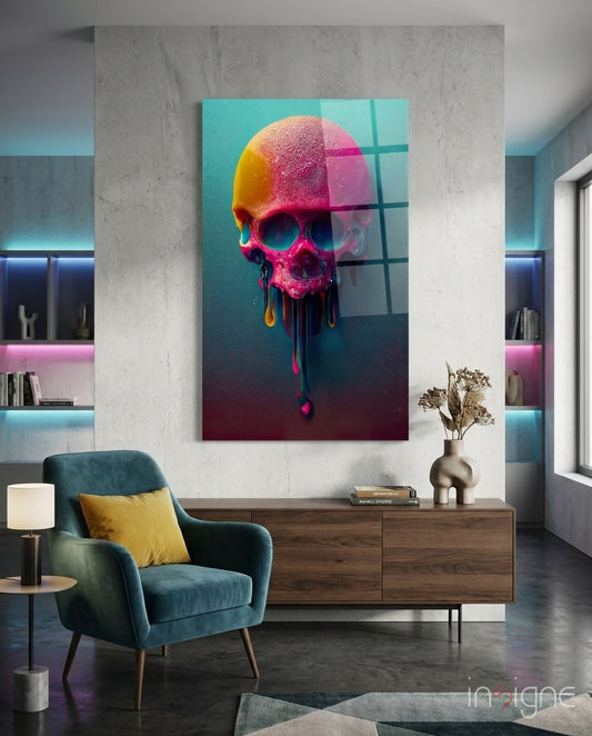 Melt of the Skull glass wall art displayed above a teal armchair in a moody teen lounge with magenta and cyan LED strips