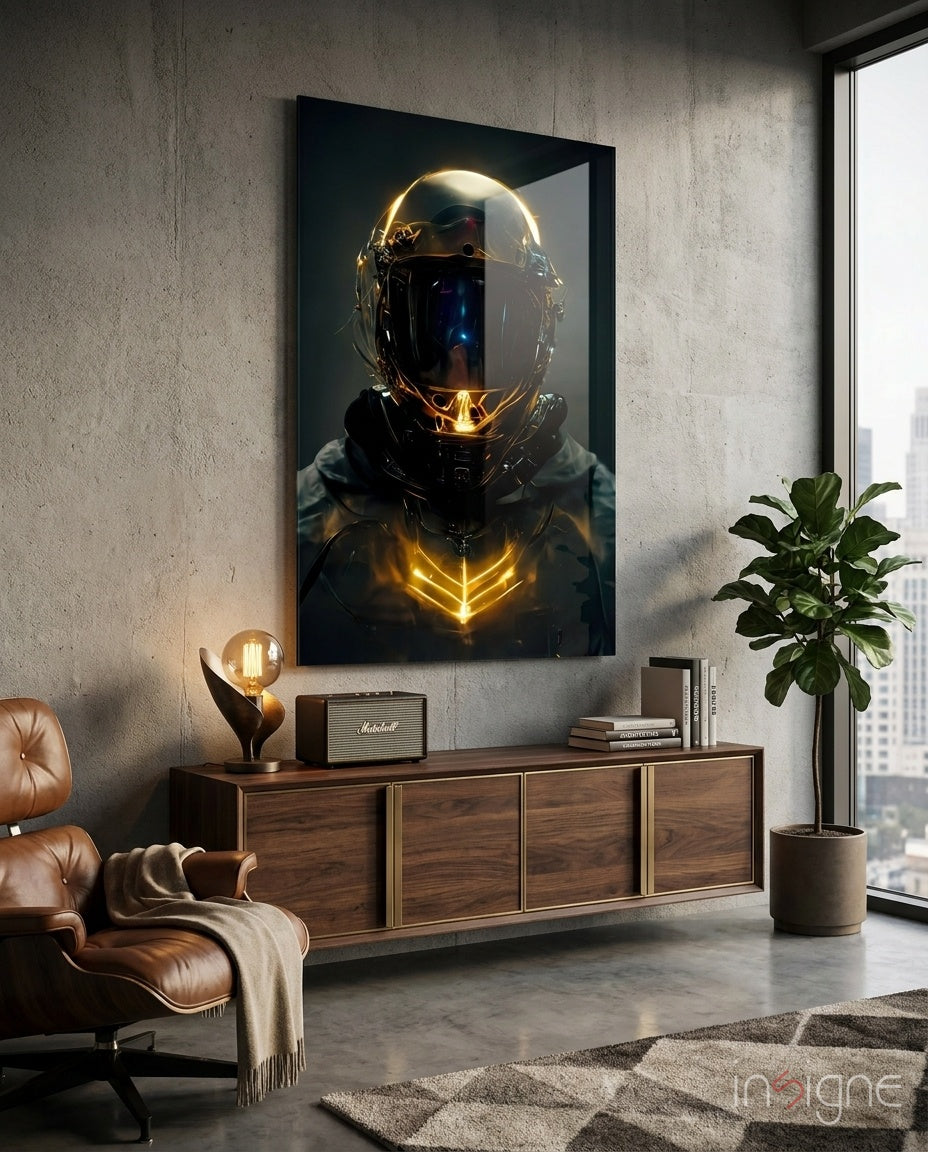 Back to the Space glass wall art displayed above a walnut sideboard in a contemporary lounge with brown leather armchair and fiddle-leaf fig
