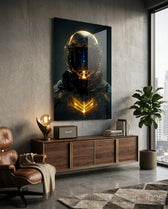 Back to the Space glass wall art displayed above a walnut sideboard in a contemporary lounge with brown leather armchair and fiddle-leaf fig