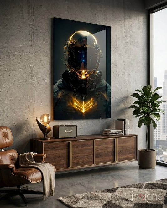Back to the Space glass wall art displayed above a walnut sideboard in a contemporary lounge with brown leather armchair and fiddle-leaf fig