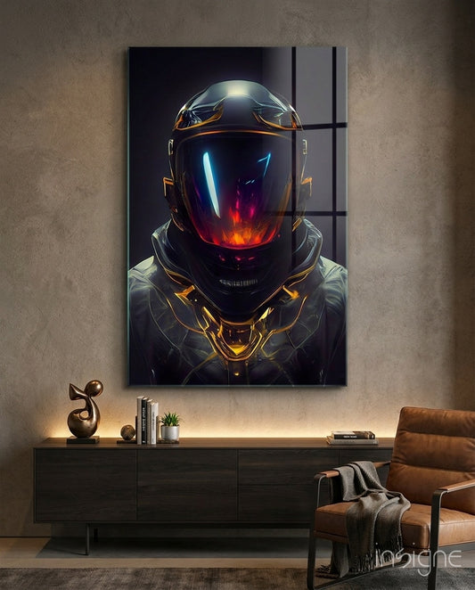 Back to the Space glass wall art displayed above a walnut sideboard in a moody lounge with brown leather armchair and gold sculpture