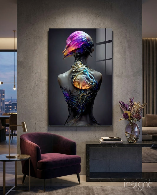 Mutation glass wall art displayed above a burgundy velvet armchair in a moody lounge with marble console and amethyst-tone vase