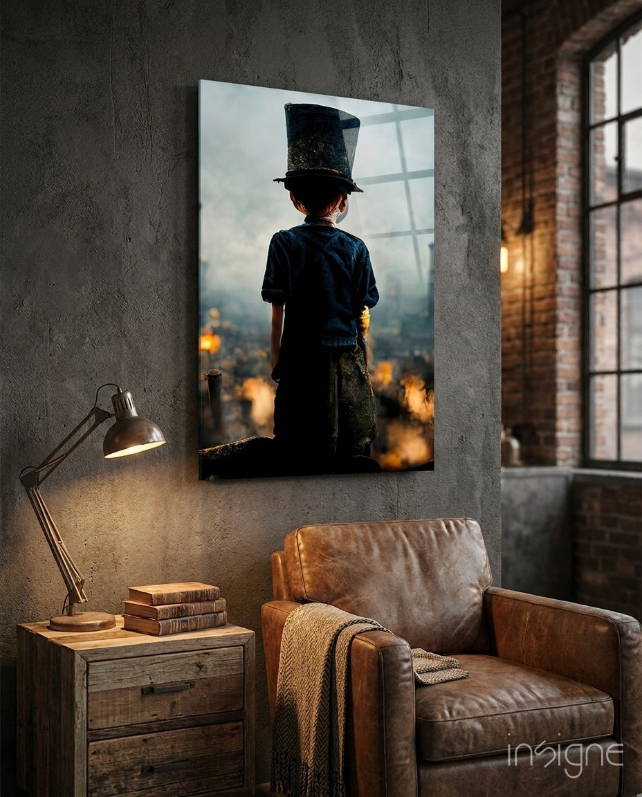 Burning the Past glass wall art displayed above a tan leather armchair in a moody study with brass desk lamp and reclaimed-wood console