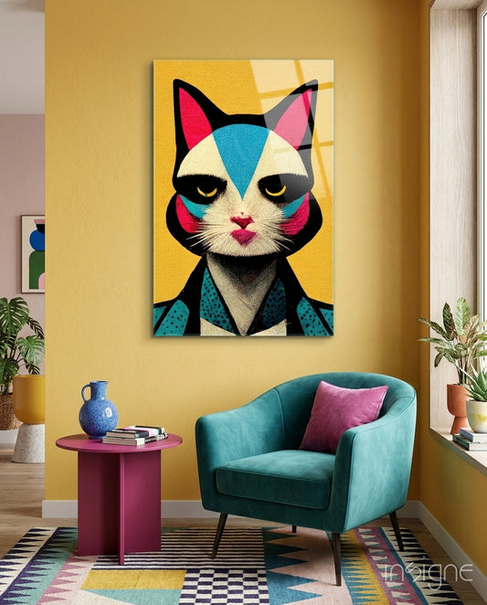 The Cat Glass Wall Art || Designer Collection - Lifestyle preview in a designer interior