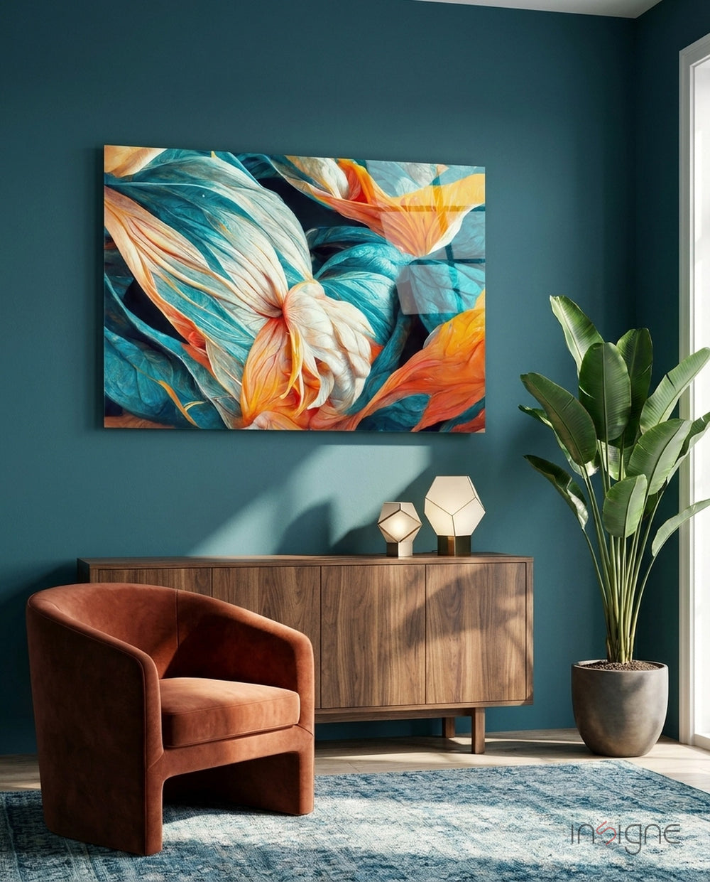 Flowerish Glass Wall Art  || Designer Collection - Lifestyle preview in a designer interior