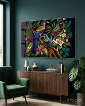 Tropical Birds Glass Wall Art  || Designers Collection - Lifestyle preview in a designer interior