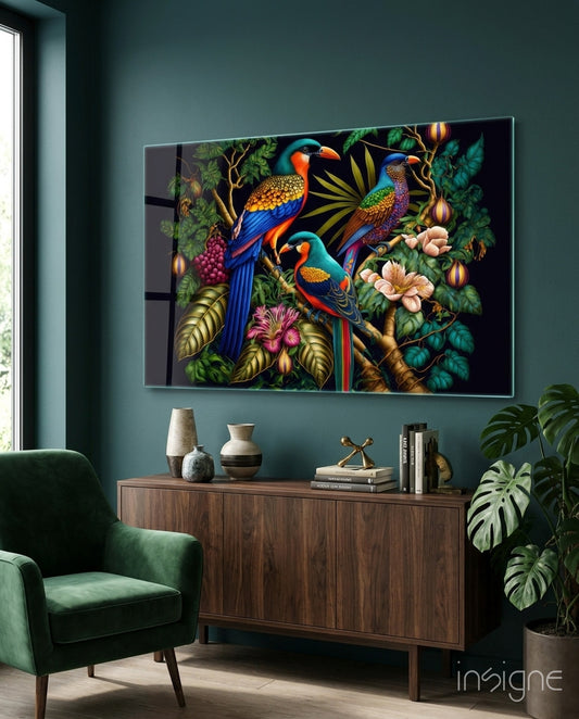 Tropical Birds Glass Wall Art  || Designers Collection - Lifestyle preview in a designer interior