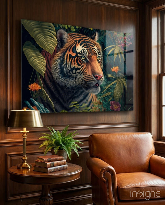 Trap Behind Flowers Glass Wall Art  || Designers Collection - Lifestyle preview in a designer interior