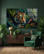 Trap Behind Flowers Glass Wall Art  || Designer Collection - Lifestyle preview in a designer interior