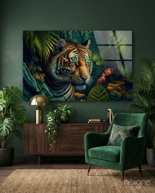 Trap Behind Flowers Glass Wall Art  || Designer Collection - Lifestyle preview in a designer interior