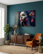 Girl with a Tattoo Glass Wall Art  || Designer Collection - Lifestyle preview in a designer interior