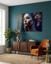 Girl with a Tattoo Glass Wall Art  || Designer Collection - Lifestyle preview in a designer interior