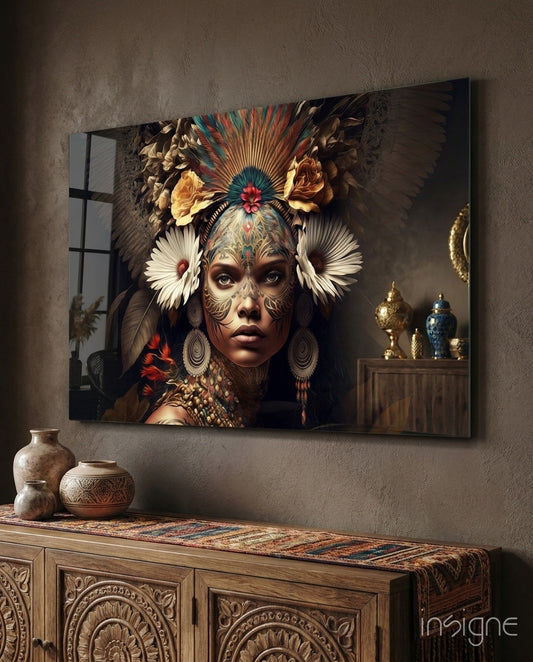 Queen of Flowers Glass Wall Art  || Designer Collection - Lifestyle preview in a designer interior
