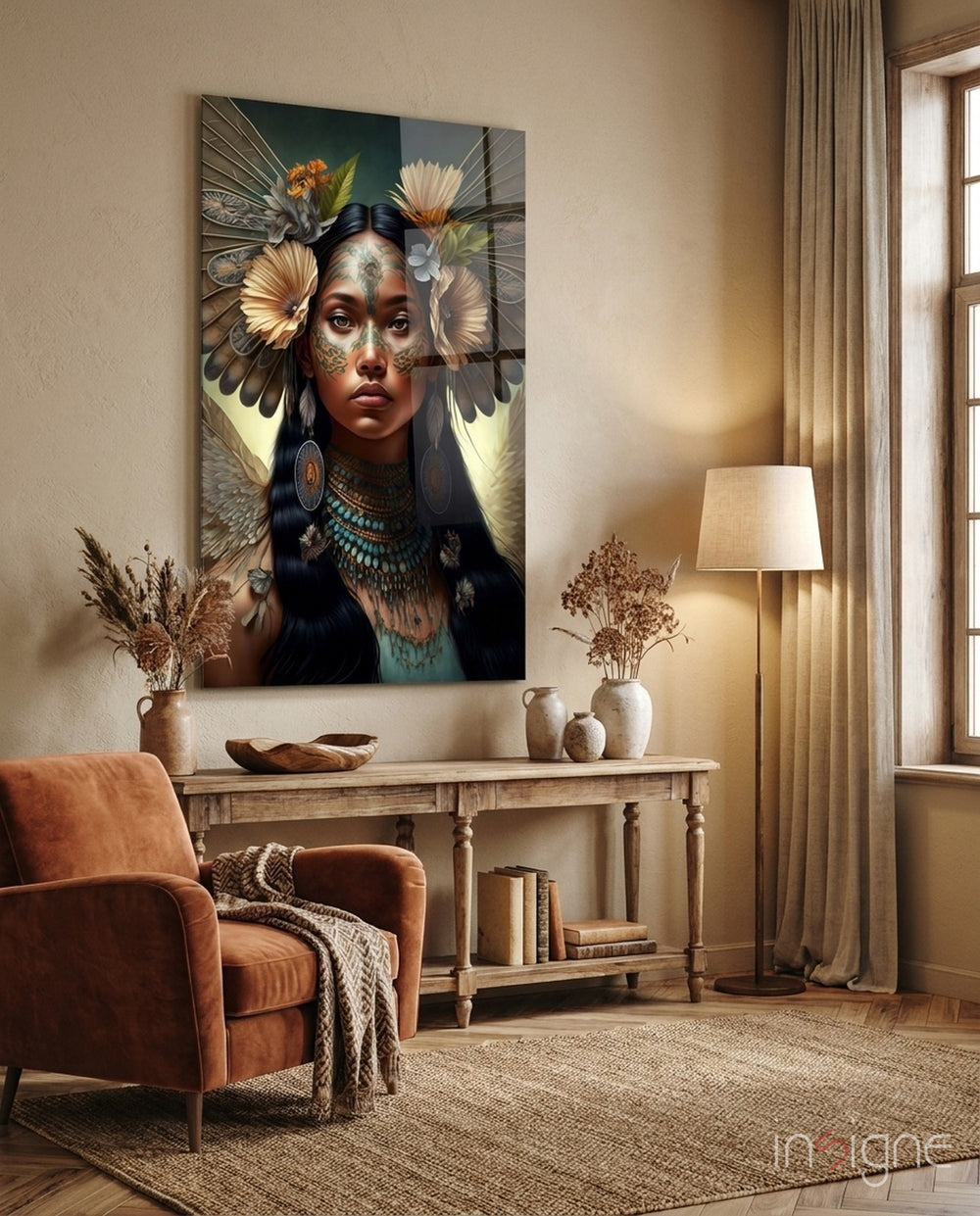 Princess of Flowers Glass Wall Art  || Designer Collection - Lifestyle preview in a designer interior