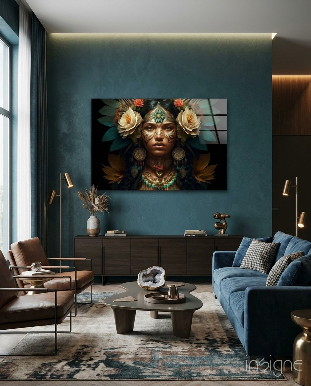 Beauty of the Clan Glass Wall Art  || Designer Collection - Lifestyle preview in a designer interior