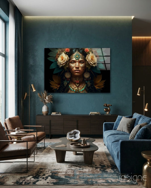 Beauty of the Clan Glass Wall Art  || Designer Collection - Lifestyle preview in a designer interior