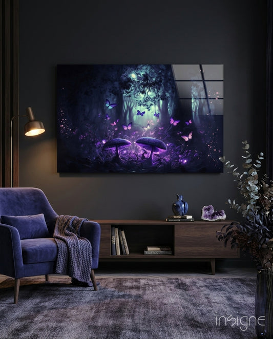 Mushrooms' Love Glass Wall Art  || Designer Collection - Lifestyle preview in a designer interior