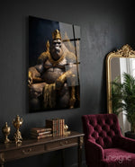 Ape King in Throne Glass Wall Art  || Designer Collection - Lifestyle preview in a designer interior
