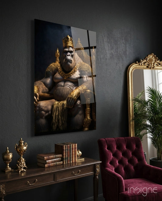Ape King in Throne Glass Wall Art  || Designer Collection - Lifestyle preview in a designer interior