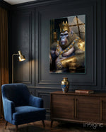 Ape King in Throne Glass Wall Art  || Designer Collection - Lifestyle preview in a designer interior