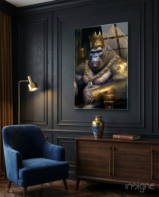 Ape King in Throne Glass Wall Art  || Designer Collection - Lifestyle preview in a designer interior